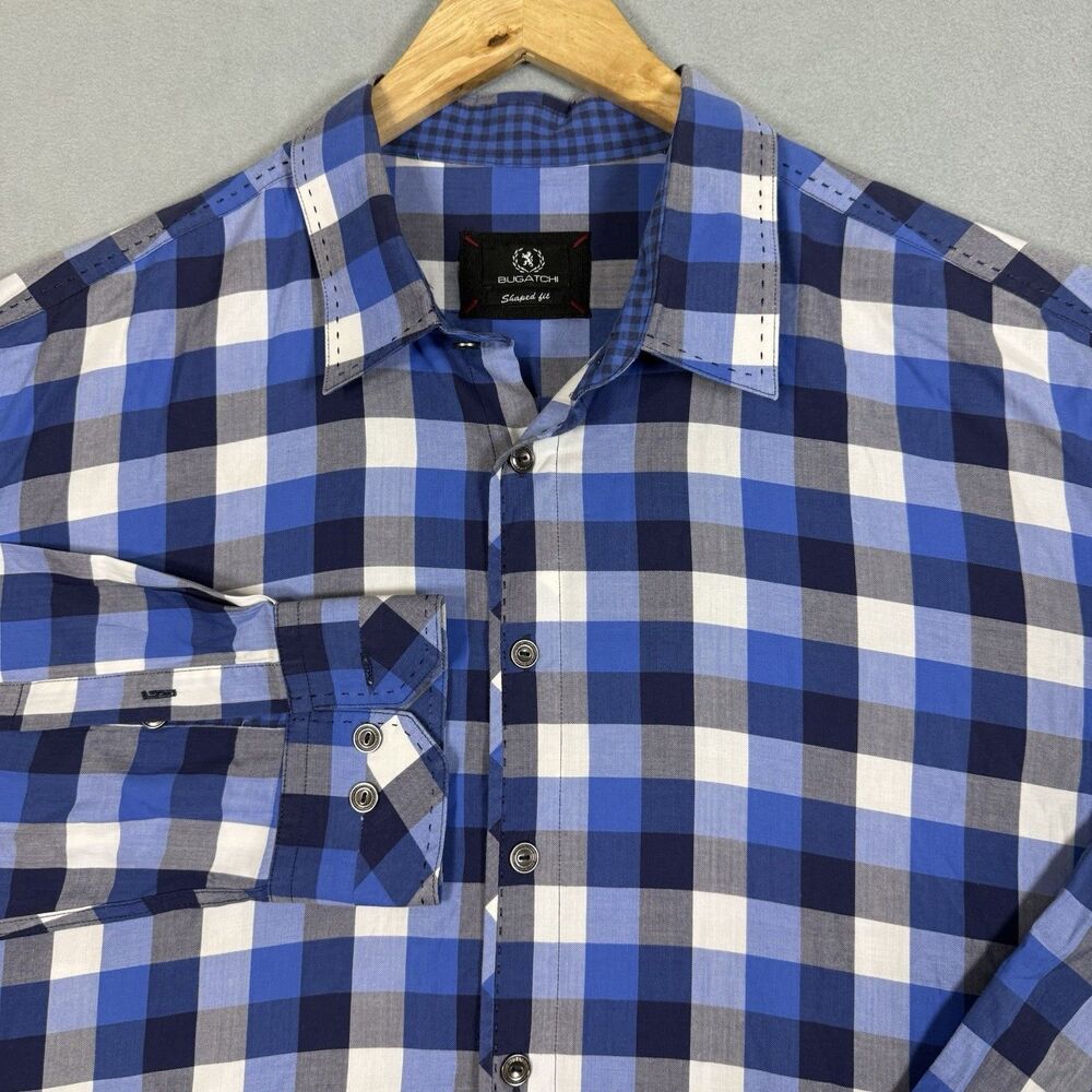 Bugatchi Men's Shirt XXL Shaped Fit Blue Buffalo Check 100% Cotton